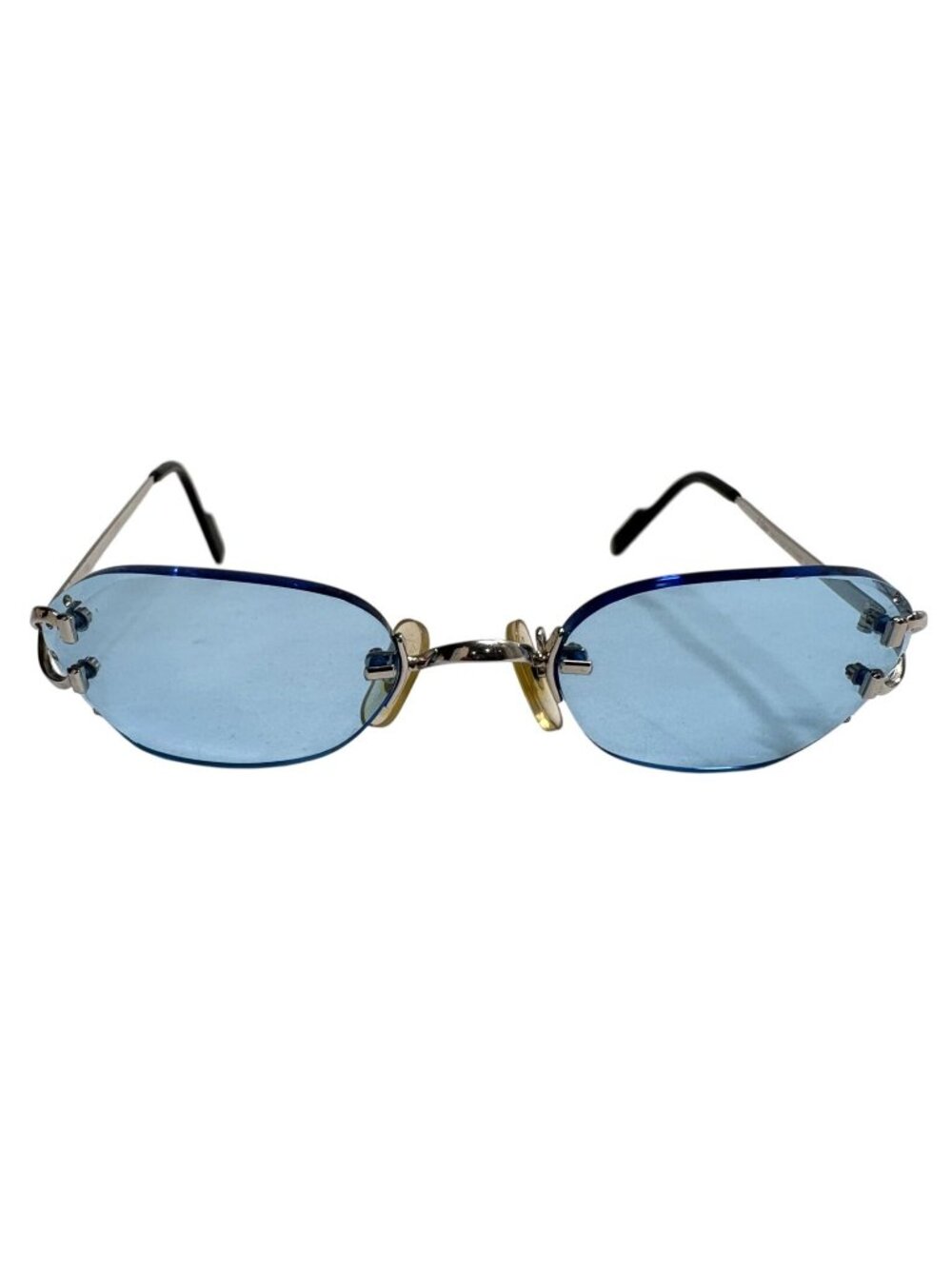 Vintage Cartier C Decor Rimless Sunglasses With Diamond Cut Blue Lenses